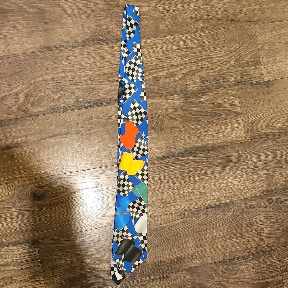 VINTAGE Ralph Marlin Racing Flags Tie 90'S RETRO Blue Black Green Yellow Red Men